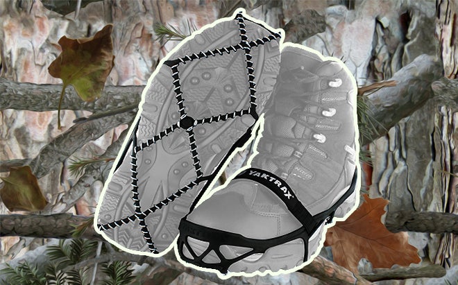 YakTrax Pro traction cleats on realistic 3D forest camo background