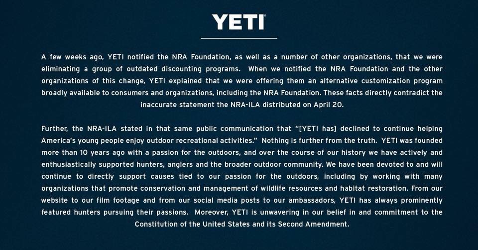 Yeti Doesn’t Hate the NRA!