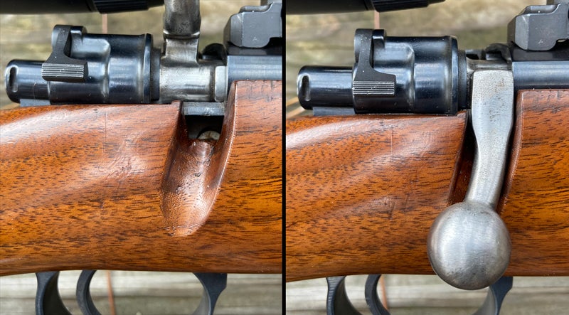 Original bolt handle was cut off and welded back on for scope clearance; stock was inletted for it. (Photo © Russ Chastain)