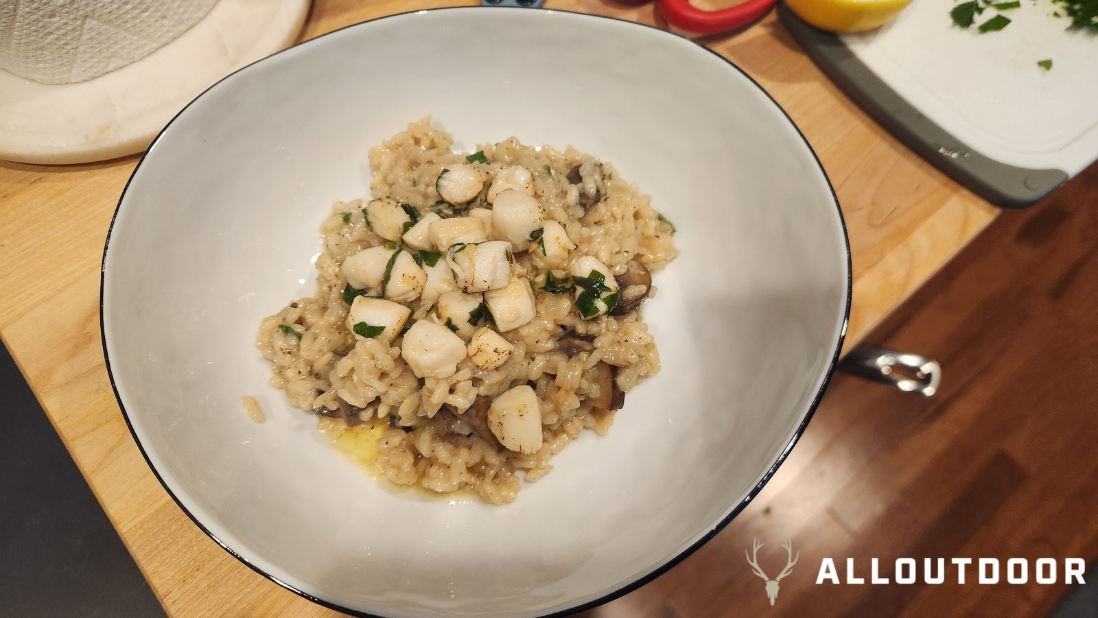 Cozinhe sua pescaria - Vieira Scampi com risoto de cogumelos 